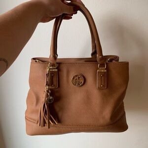 Brown and Gold Leather Satchel with Tassel